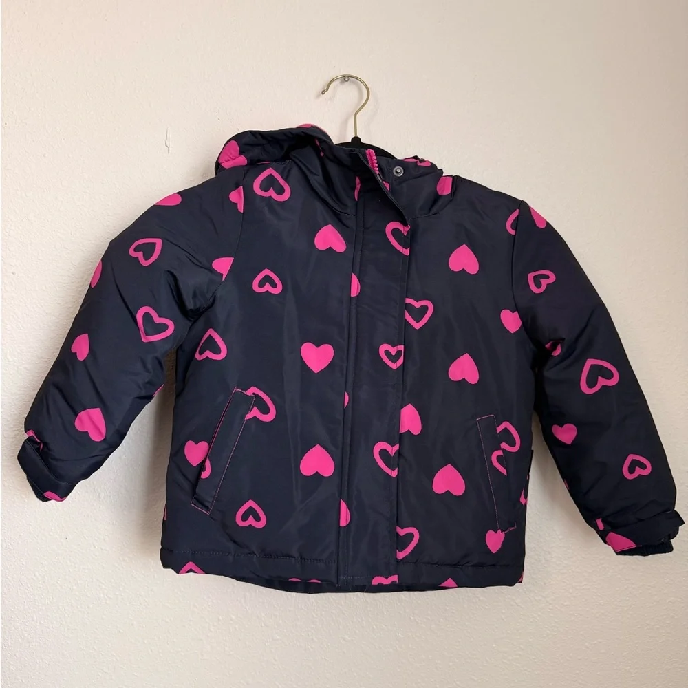 Joe Fresh Girls Puffer Jacket Navy Pink Hearts Size 4
